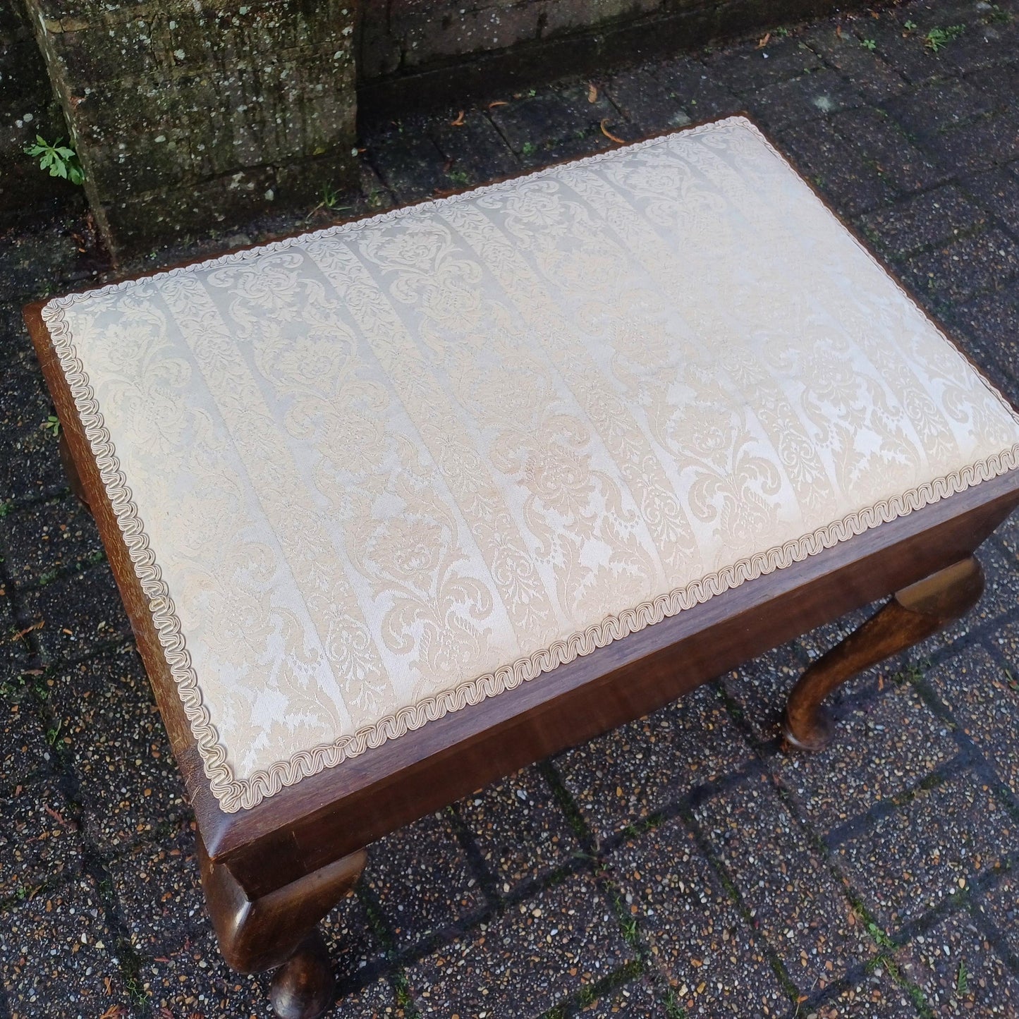 Newly Upholstered Vintage Edwardian Piano Stool with Music Compartment Cabriole Legs