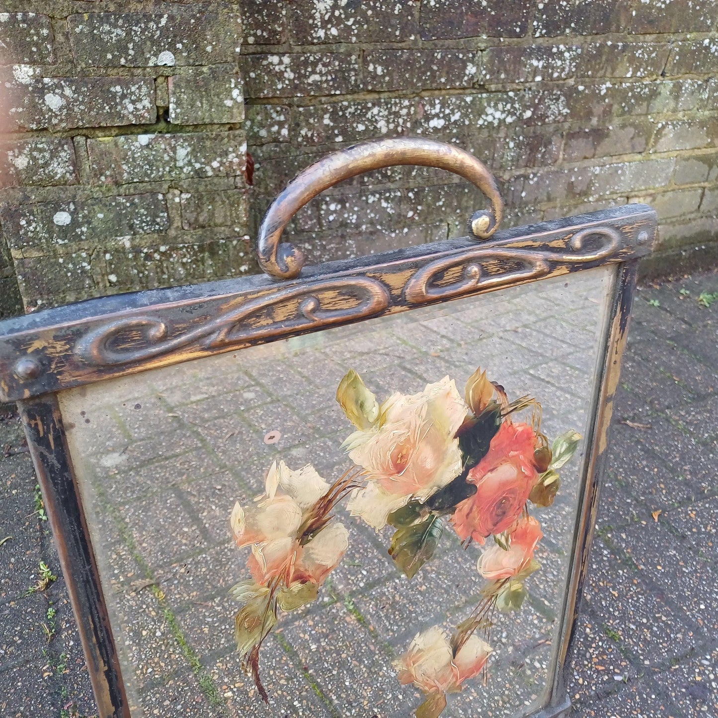 Stunning 1900s Vintage Art Nouveau Fire Screen Guard Style Hand Painted Roses in Oil