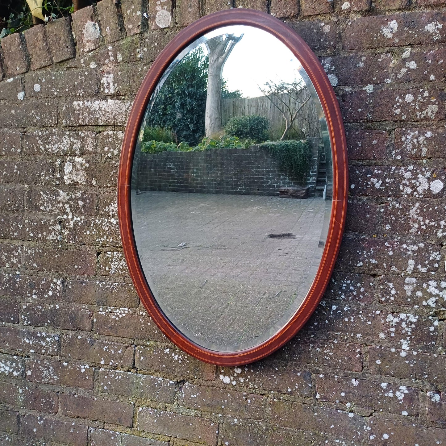 Large Vintage Oval Inlaid Mahogany Mirror with Inlaid Decoration Bevelled Glass Timeless and Versatile