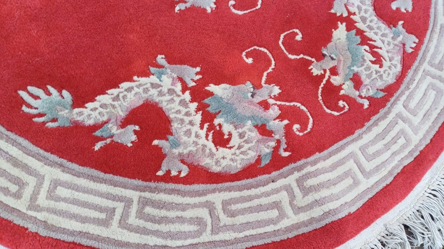 Vintage Round Chinese Woollen Red Rug, Dragons, oriental pattern and fringe, good condition 144cm diameter