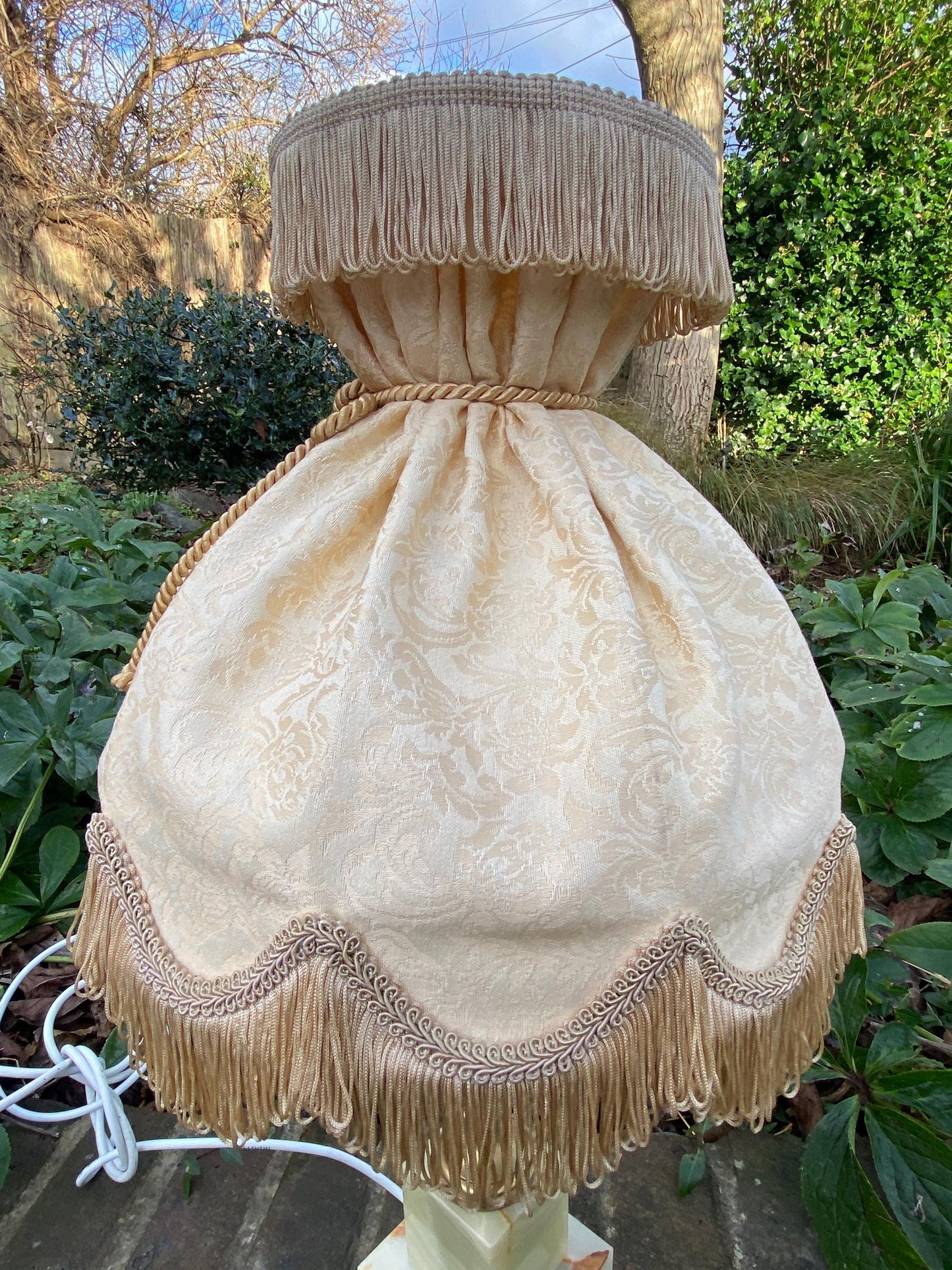 Original retro lamp shade in golden cream jacquard material, ribbon detail and fringe - VGC