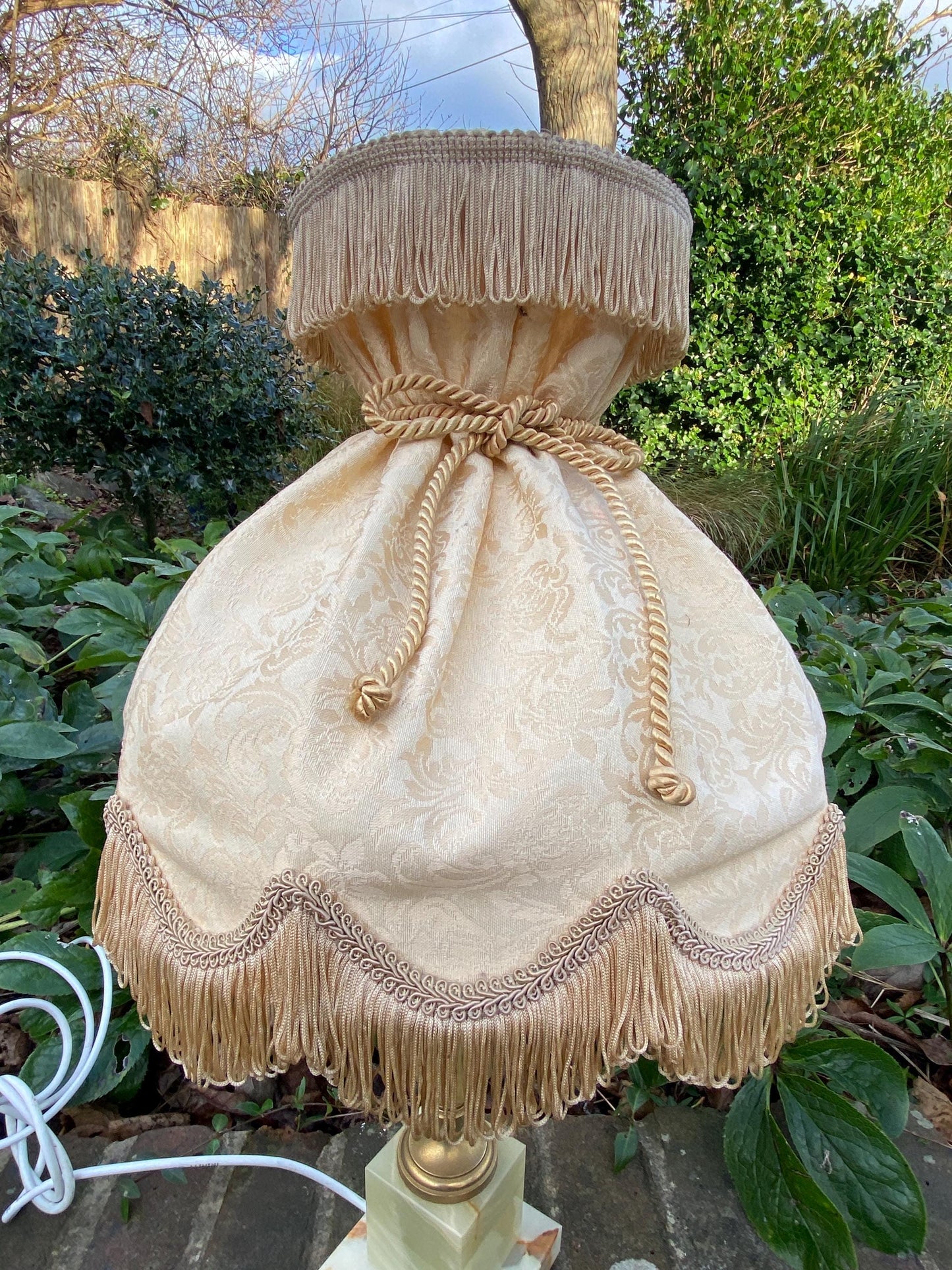 Original retro lamp shade in golden cream jacquard material, ribbon detail and fringe - VGC