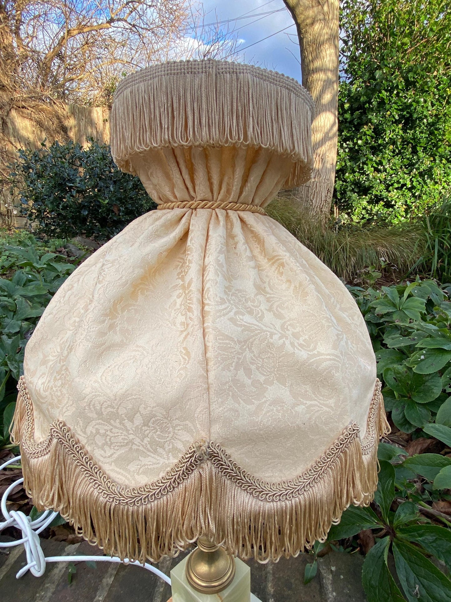 Original retro lamp shade in golden cream jacquard material, ribbon detail and fringe - VGC