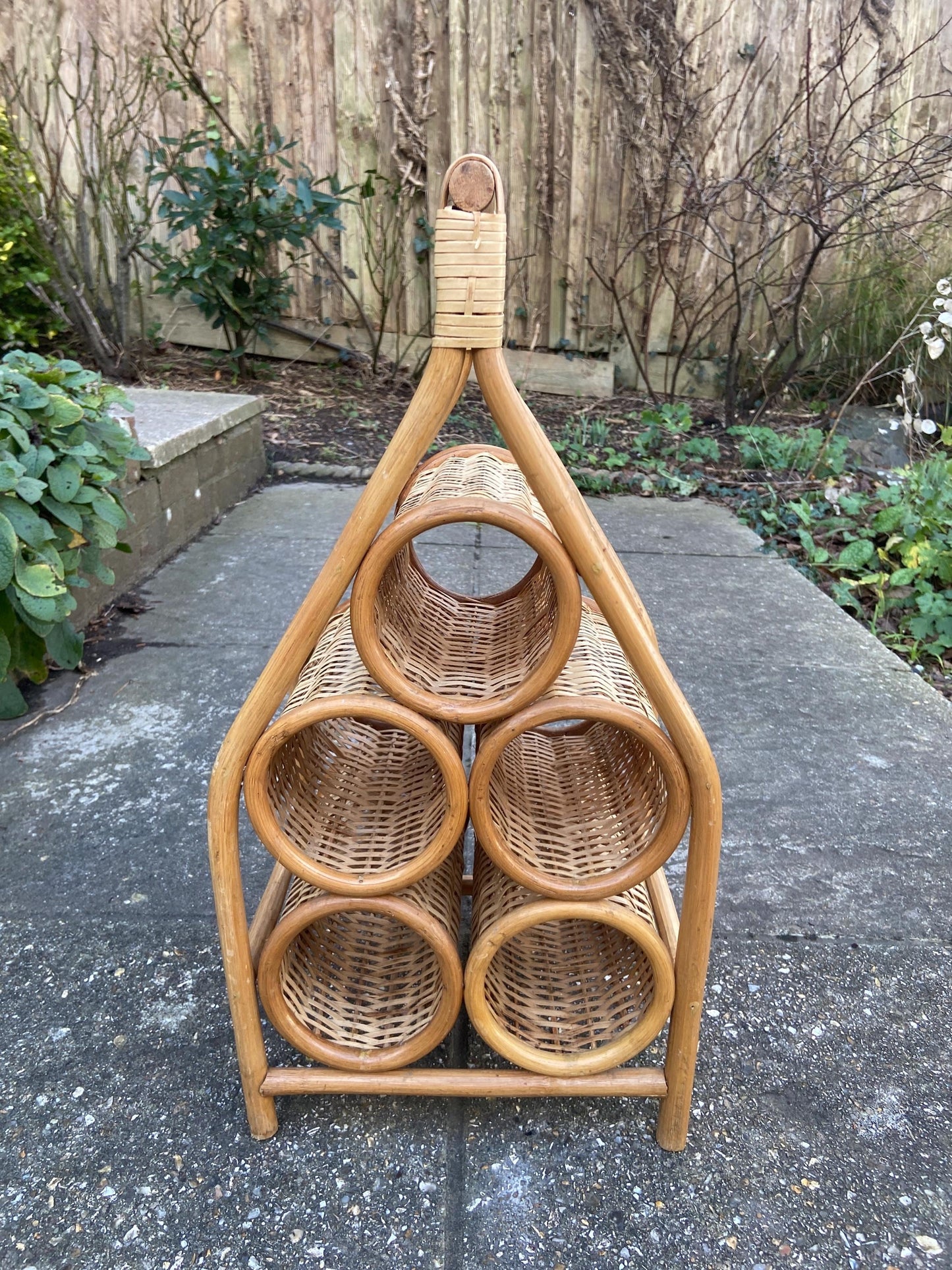 Retro Wine Rack - 5 bottle wine rack, 1970s wicker cane wine rack - VGC