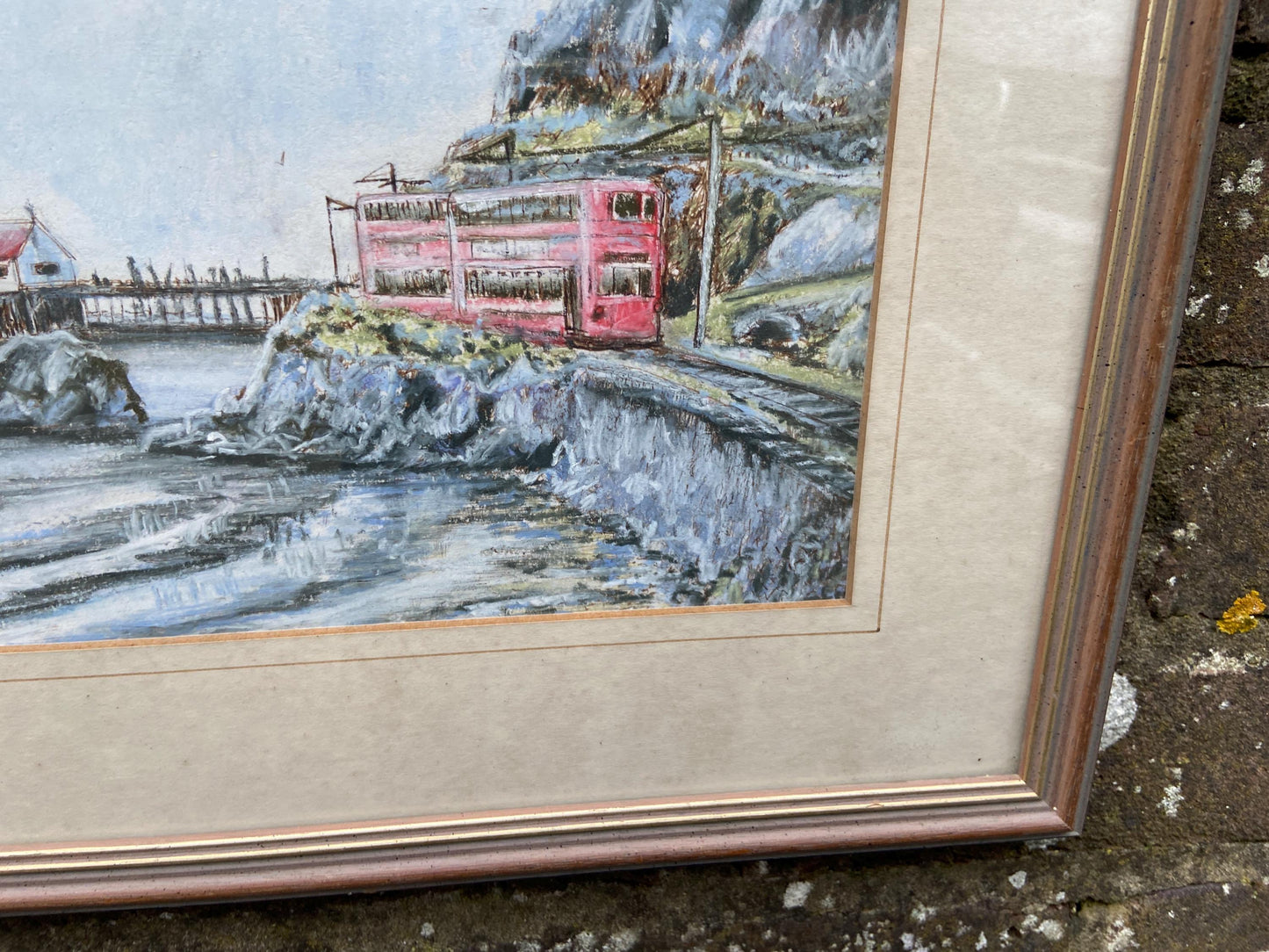 Original Cheryl Firth Mumbles, Wales, Double Decker Tram water colour painting - framed, 1990s, signed artwork