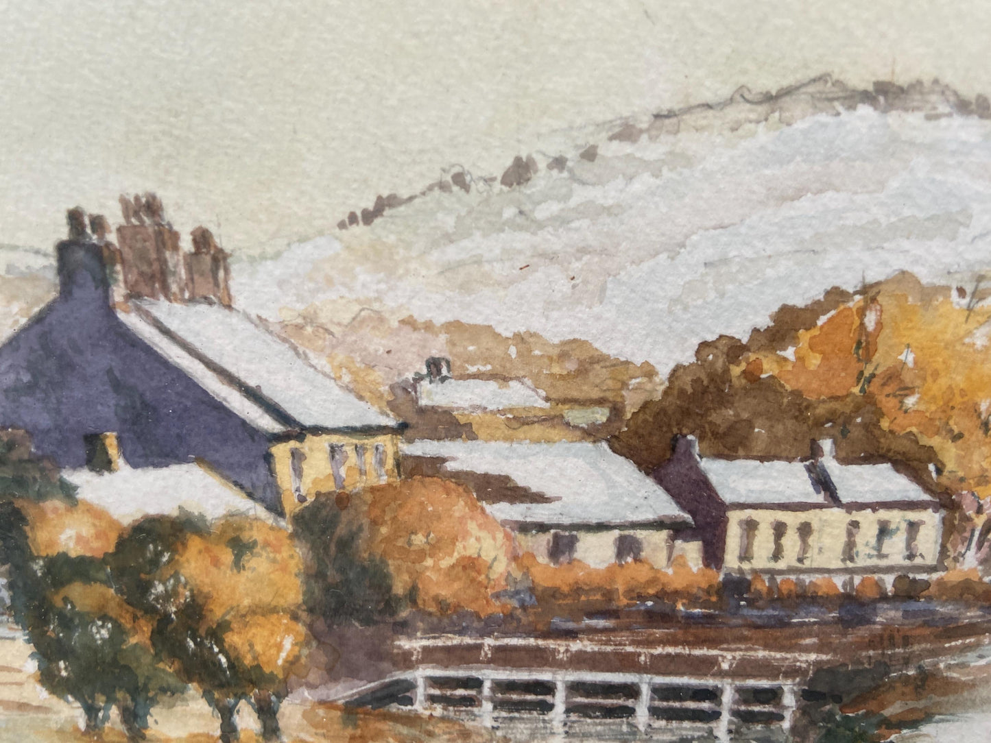 Winter Country Village Scene, original water colour, signed by artist, glazed vintage frame - 49.5cm x 41cm framed
