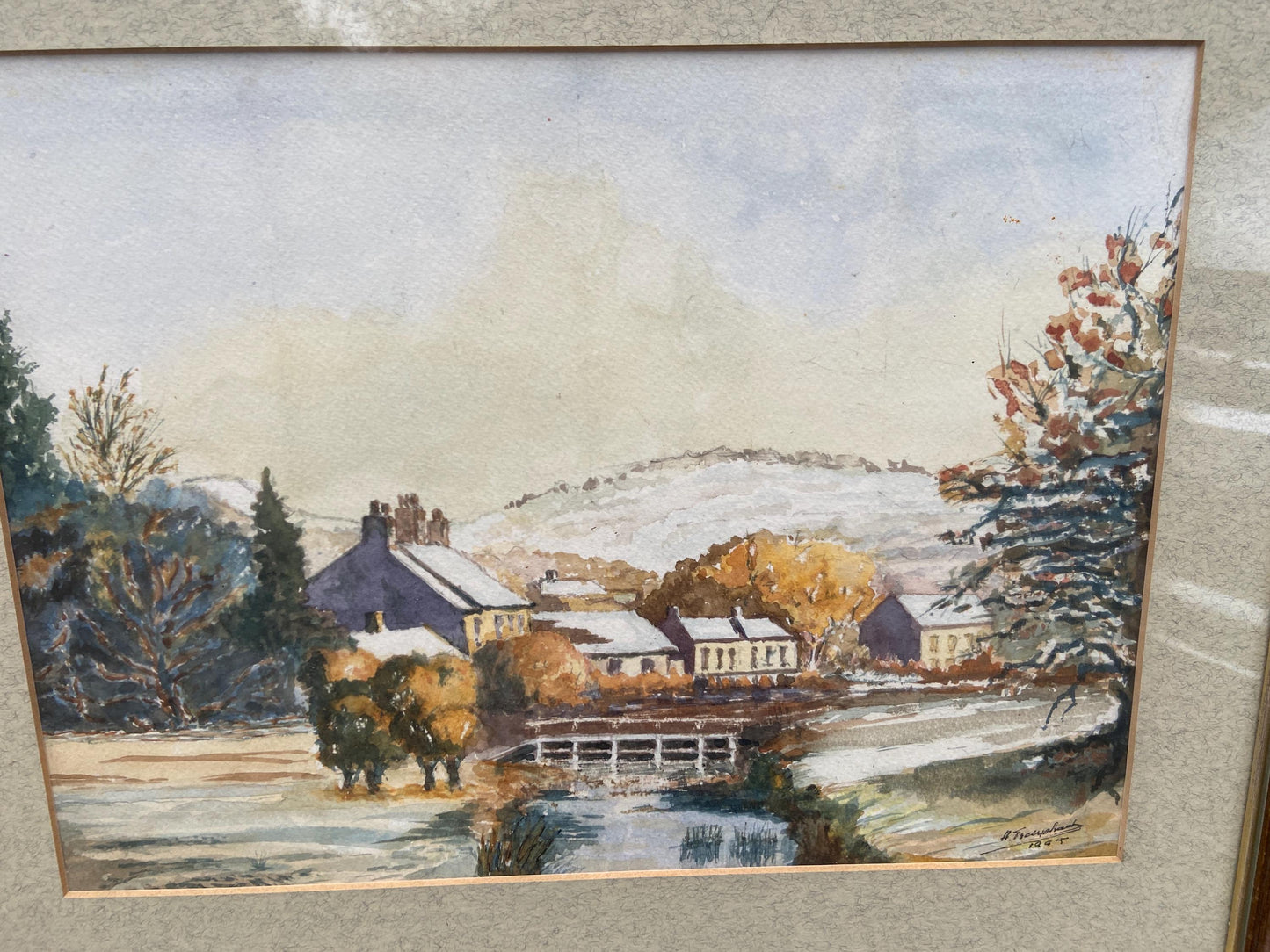 Winter Country Village Scene, original water colour, signed by artist, glazed vintage frame - 49.5cm x 41cm framed