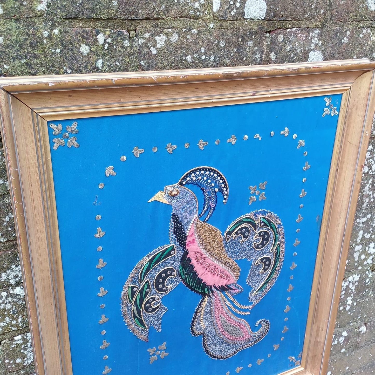 Bird of Paradise / Chakora Vintage Collage, Needlepoint and Mixed Media Picture - stunning craft work - in vintage gold frame 58cm x 71cm
