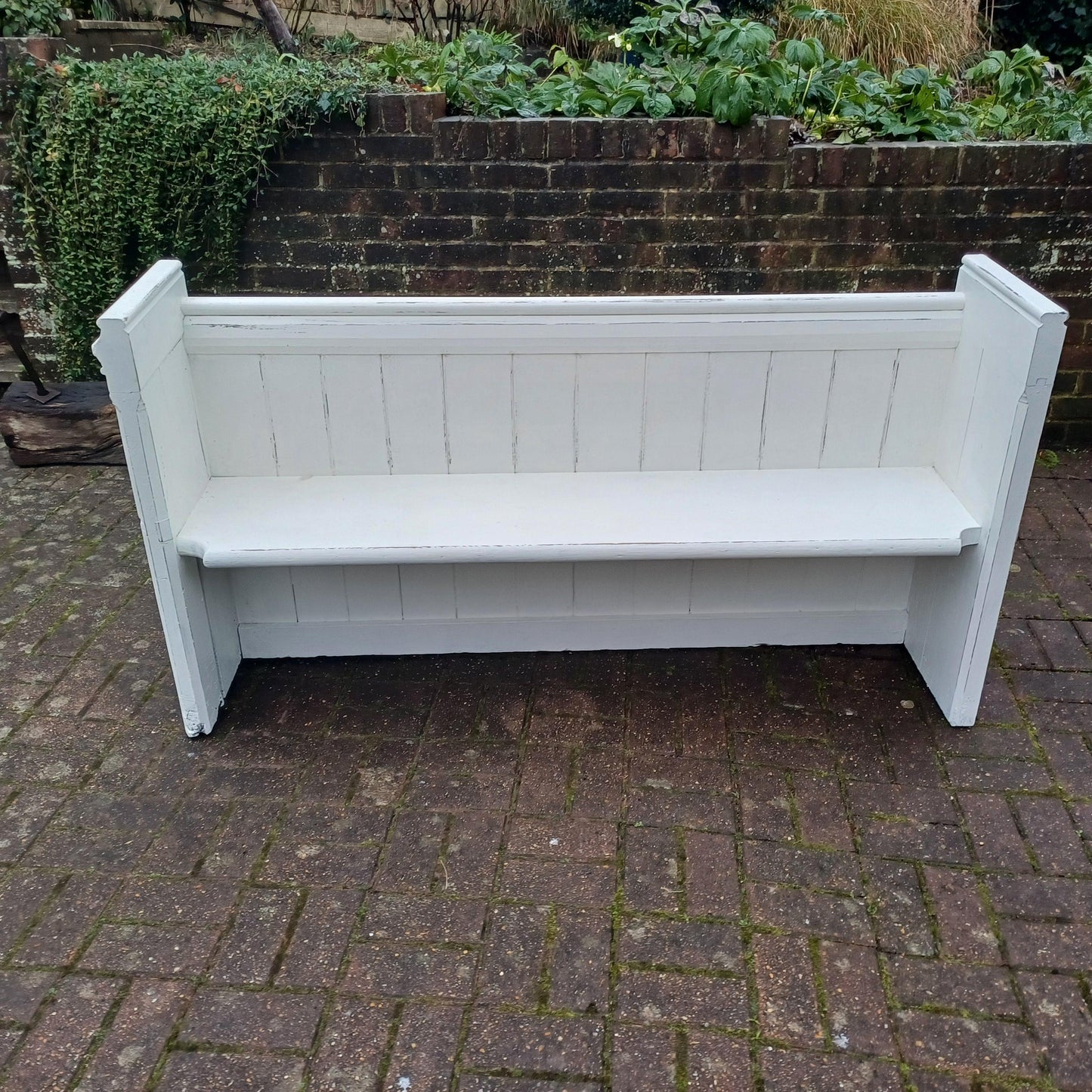Superb Vintage Victorian Painted Rustic Pew Bench in Farrow and Ball White