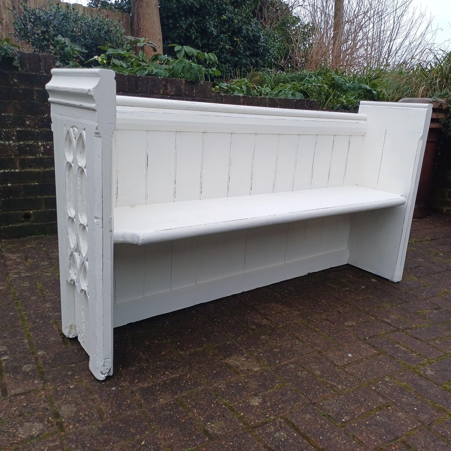 Superb Vintage Victorian Painted Rustic Pew Bench in Farrow and Ball White