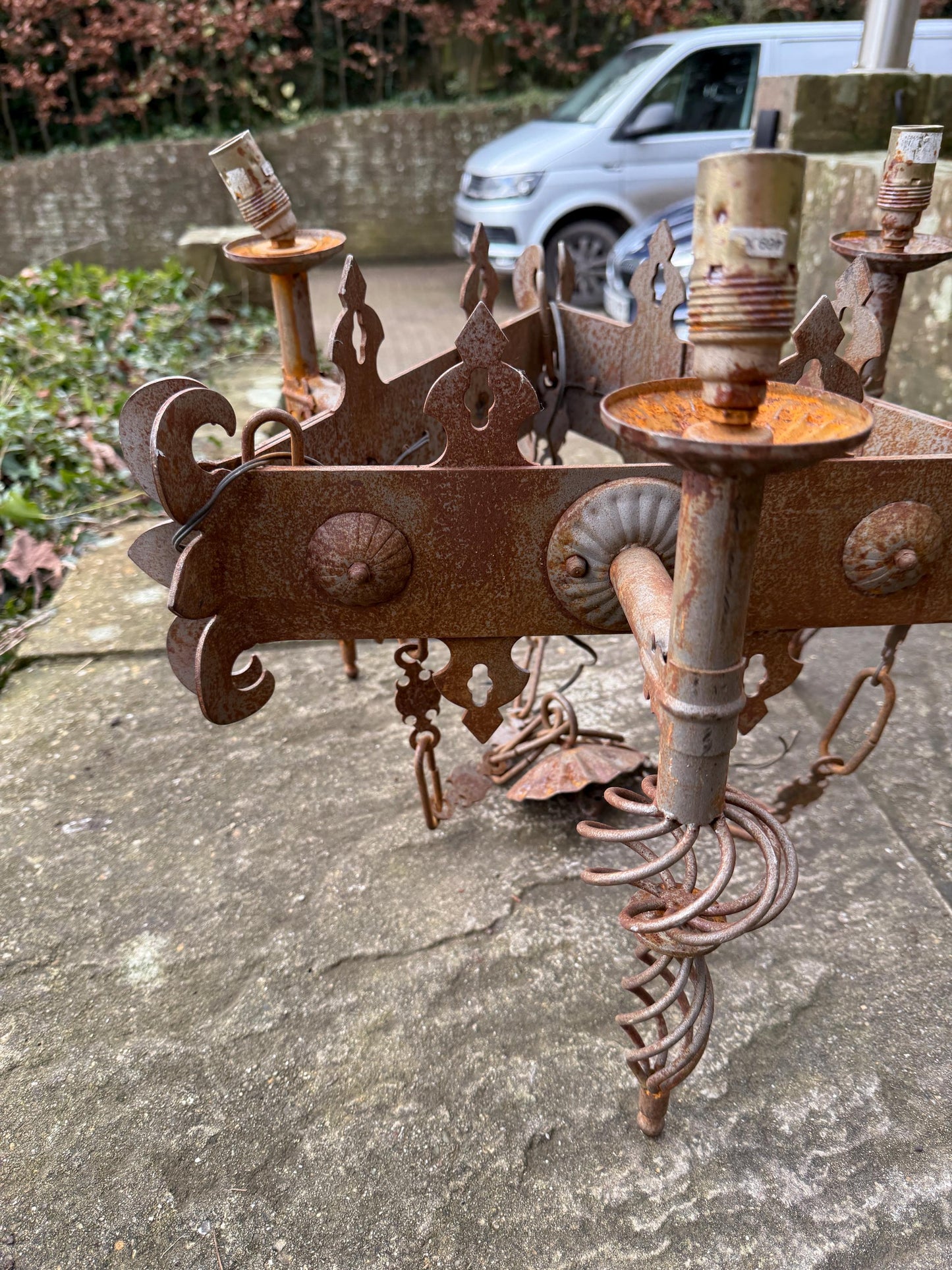 Early 1900s Heavy Medieval Style, Gothic Style Iron Ceiling Light, Gothic Revival Vintage Iron Hanging Light