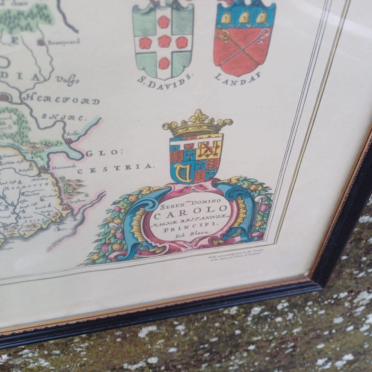 Vintage 1600s Wales Map (1648) - engraved and painted by Johan Blaeu and printed by John Bartholomew in a vintage glazed frame (50cm x 60cm)