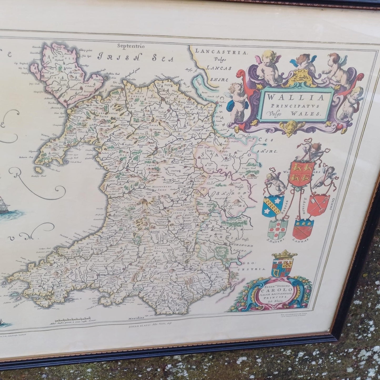 Vintage 1600s Wales Map (1648) - engraved and painted by Johan Blaeu and printed by John Bartholomew in a vintage glazed frame (50cm x 60cm)