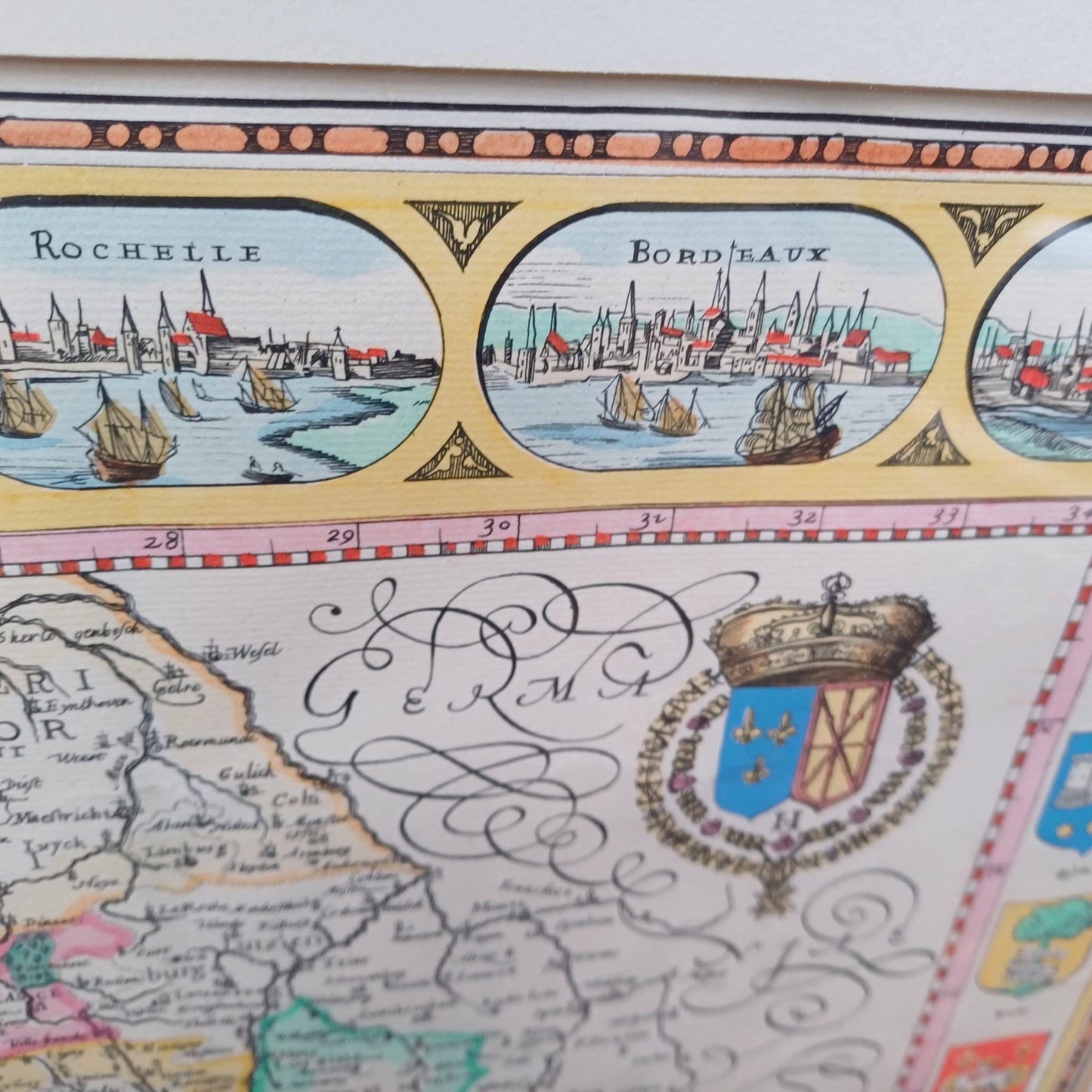Large Vintage Map of France (Gallia) anno 1598 in glazed vintage black and gold frame - approx 54cm x 68cm