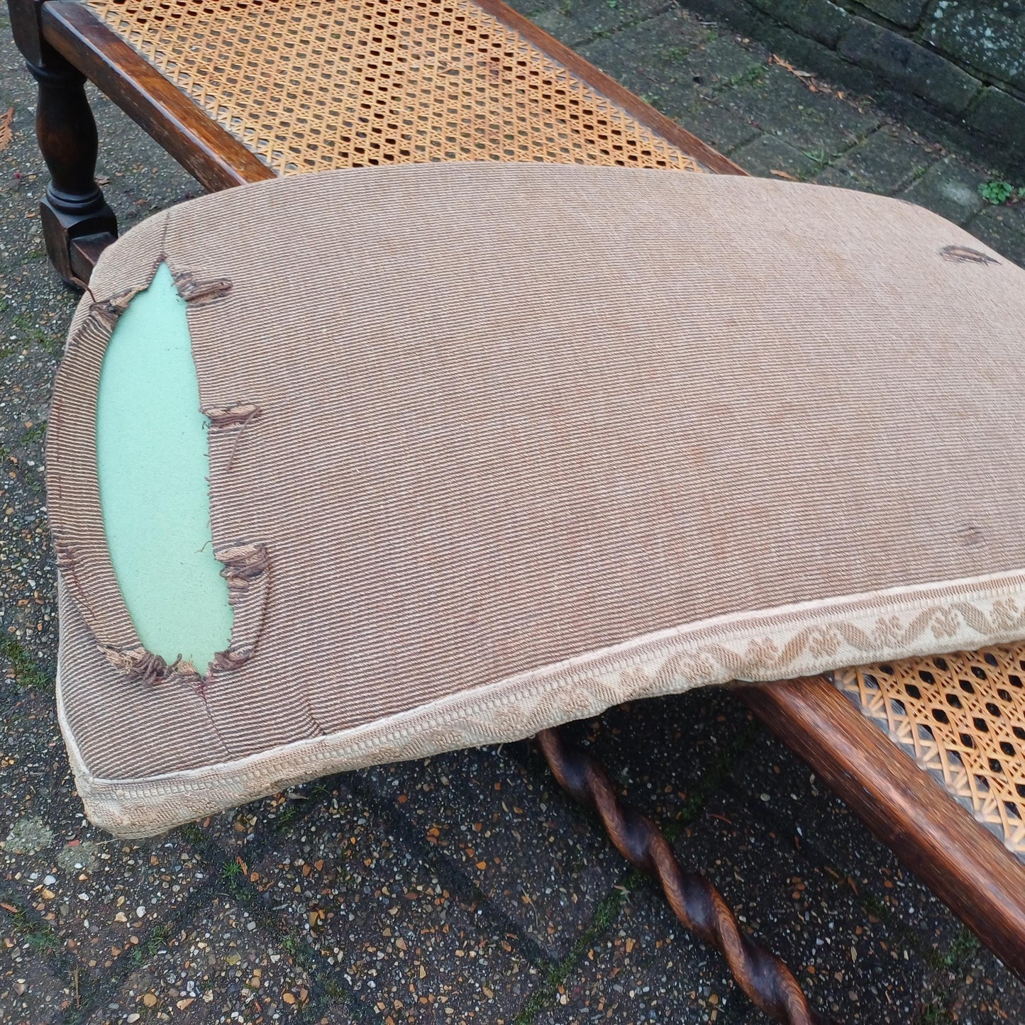 Early 20th Century Oak Stool with Turned Legs Bold Still Life Tapestry Cushion & Cane Seat