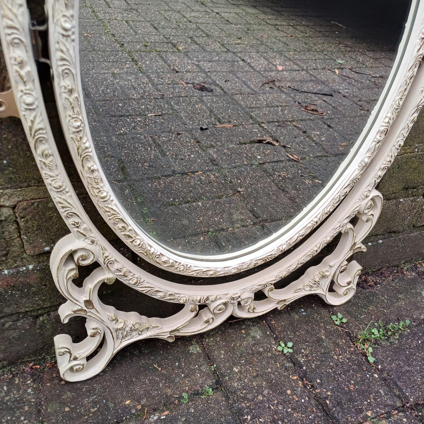 Classic Repurposed Vintage 1970s Ornate Cream and Gold Oval Wall Mirror