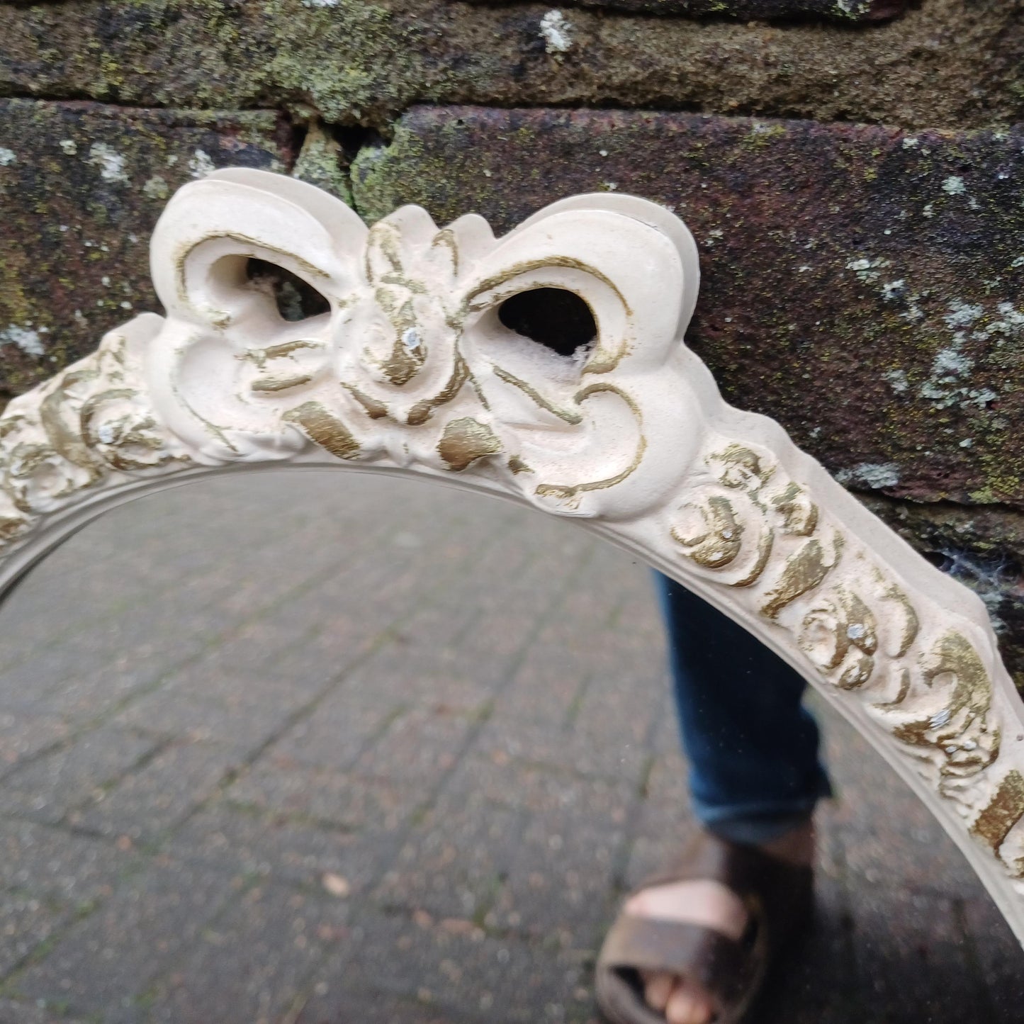 Classic Repurposed Vintage 1970s Ornate Cream and Gold Oval Wall Mirror