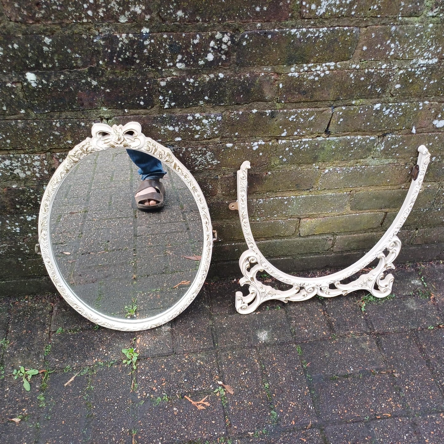 Classic Repurposed Vintage 1970s Ornate Cream and Gold Oval Wall Mirror