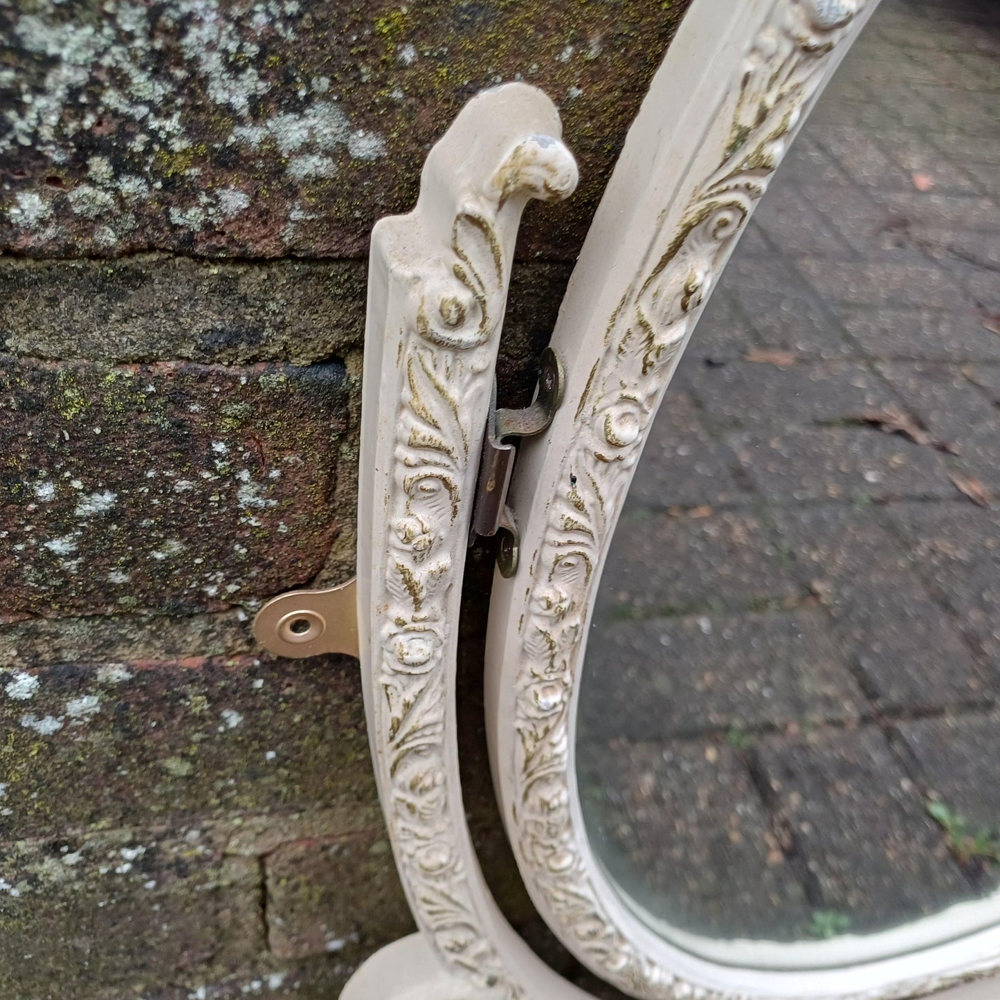 Classic Repurposed Vintage 1970s Ornate Cream and Gold Oval Wall Mirror