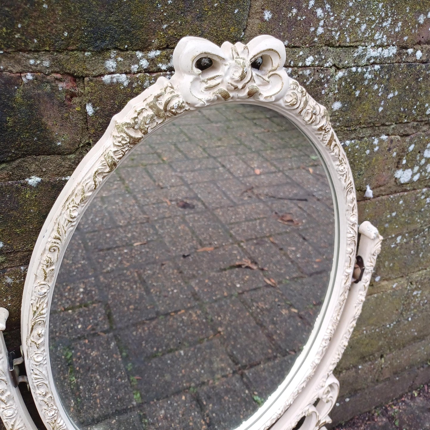 Classic Repurposed Vintage 1970s Ornate Cream and Gold Oval Wall Mirror