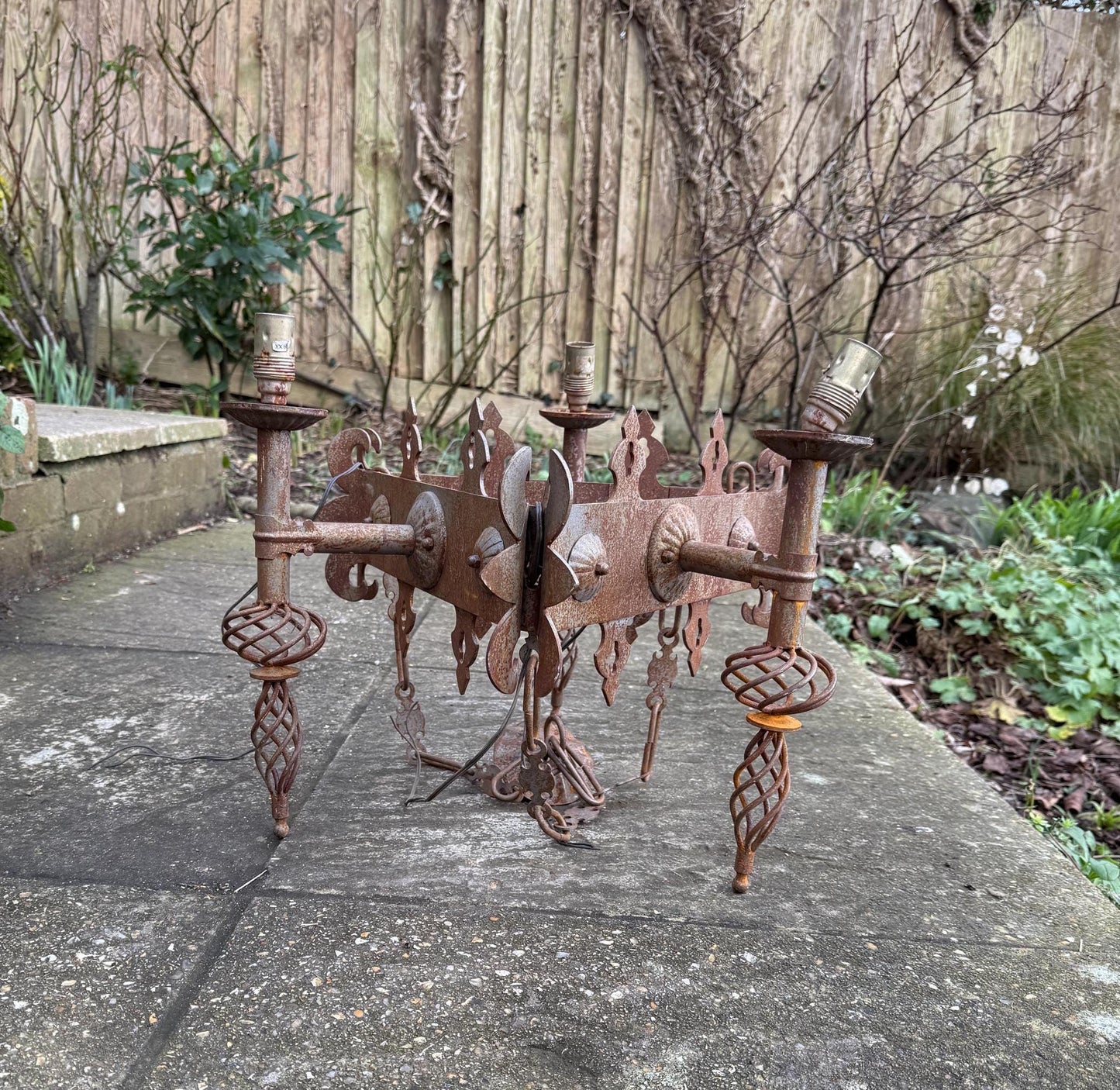 gothic style iron 1920s ceiling light. very heavy quality metal hanging light