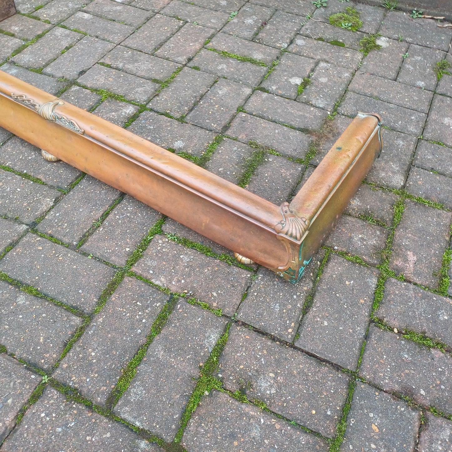 Stunning Age-Worn Brass Fireplace Fender with Original Gold Patina