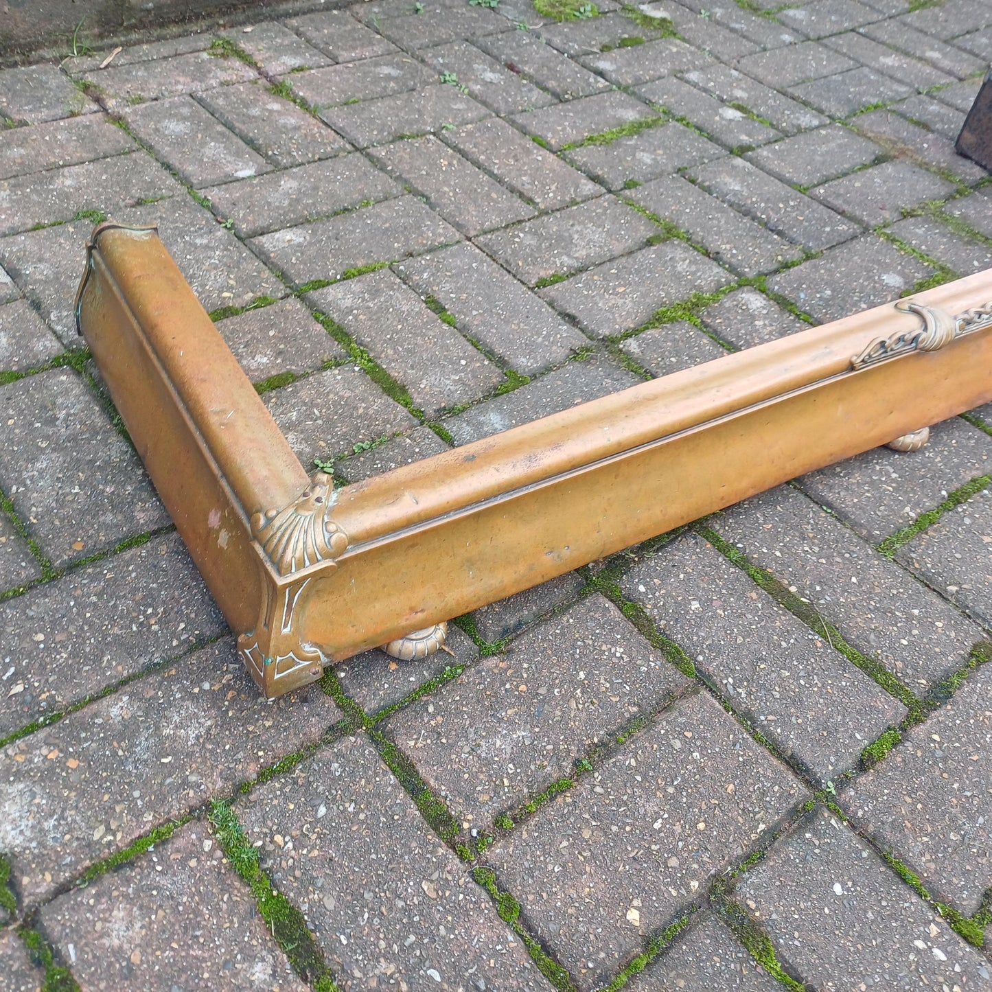 Stunning Age-Worn Brass Fireplace Fender with Original Gold Patina