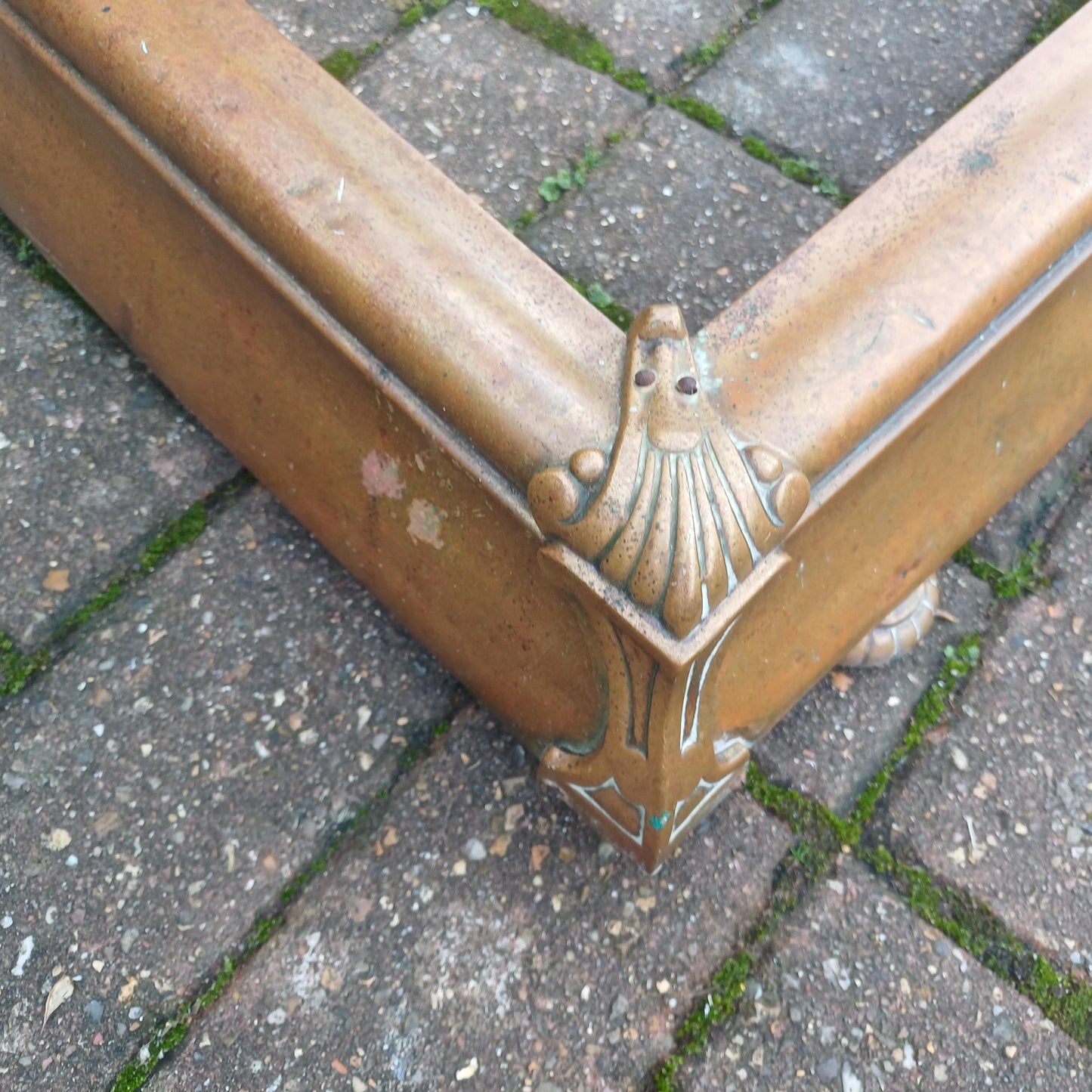 Stunning Age-Worn Brass Fireplace Fender with Original Gold Patina