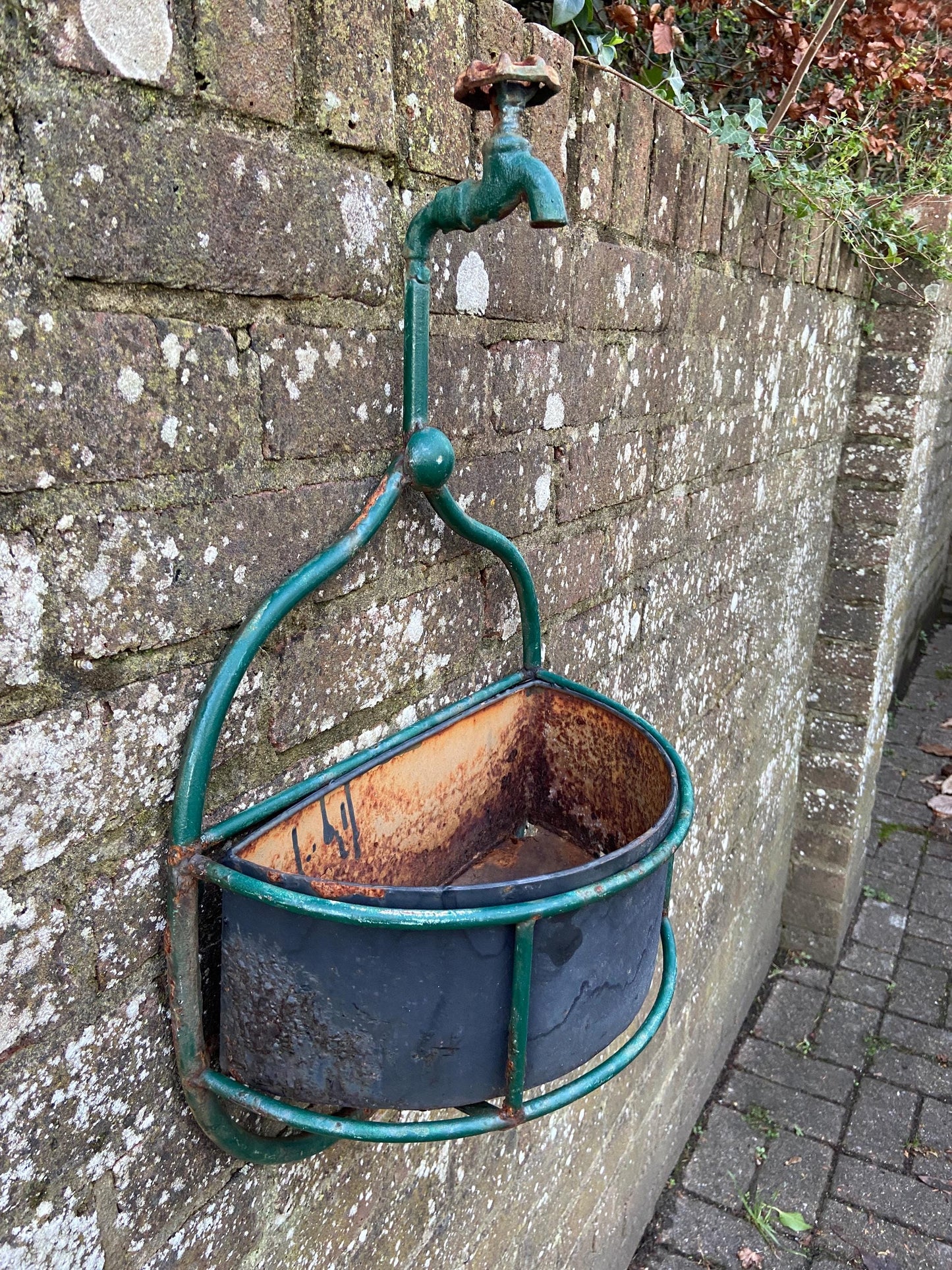 Unique Vintage Planter - Fire Hose Tap and Metal Basket - wall plant basket, outdoor planter, plant pot
