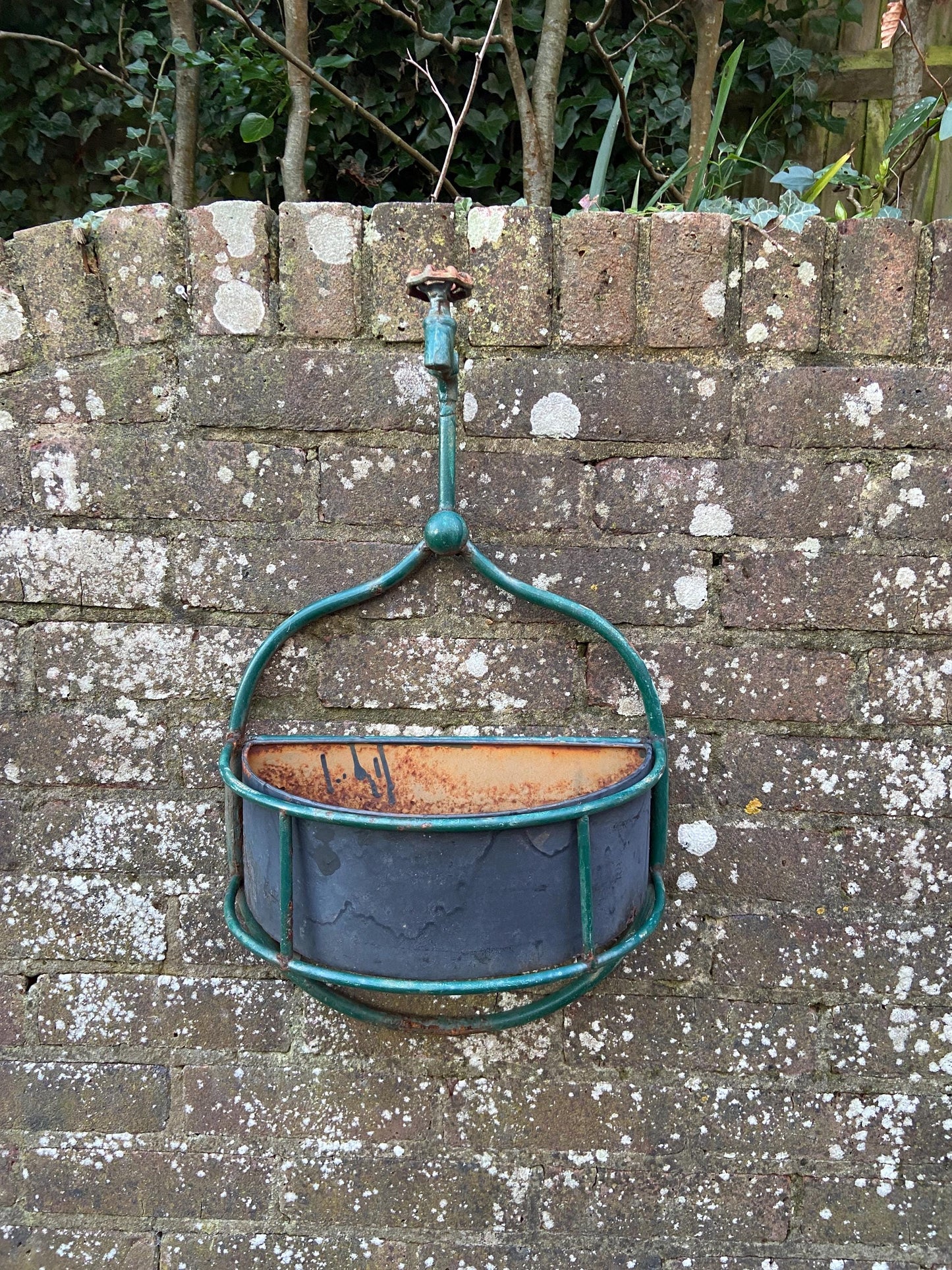 Unique Vintage Planter - Fire Hose Tap and Metal Basket - wall plant basket, outdoor planter, plant pot