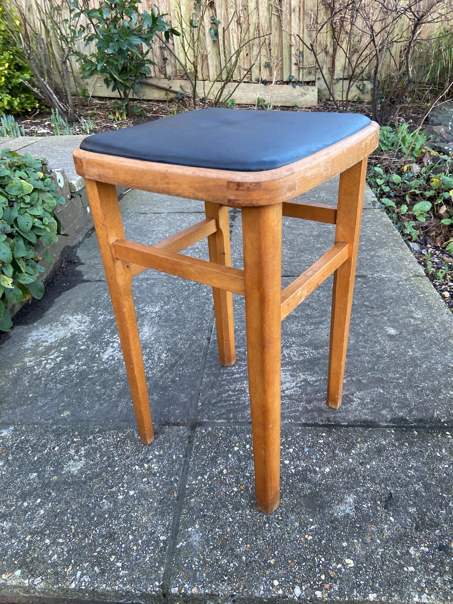 Retro black leatherette wooden stool - kitchen stool, 1970s stool