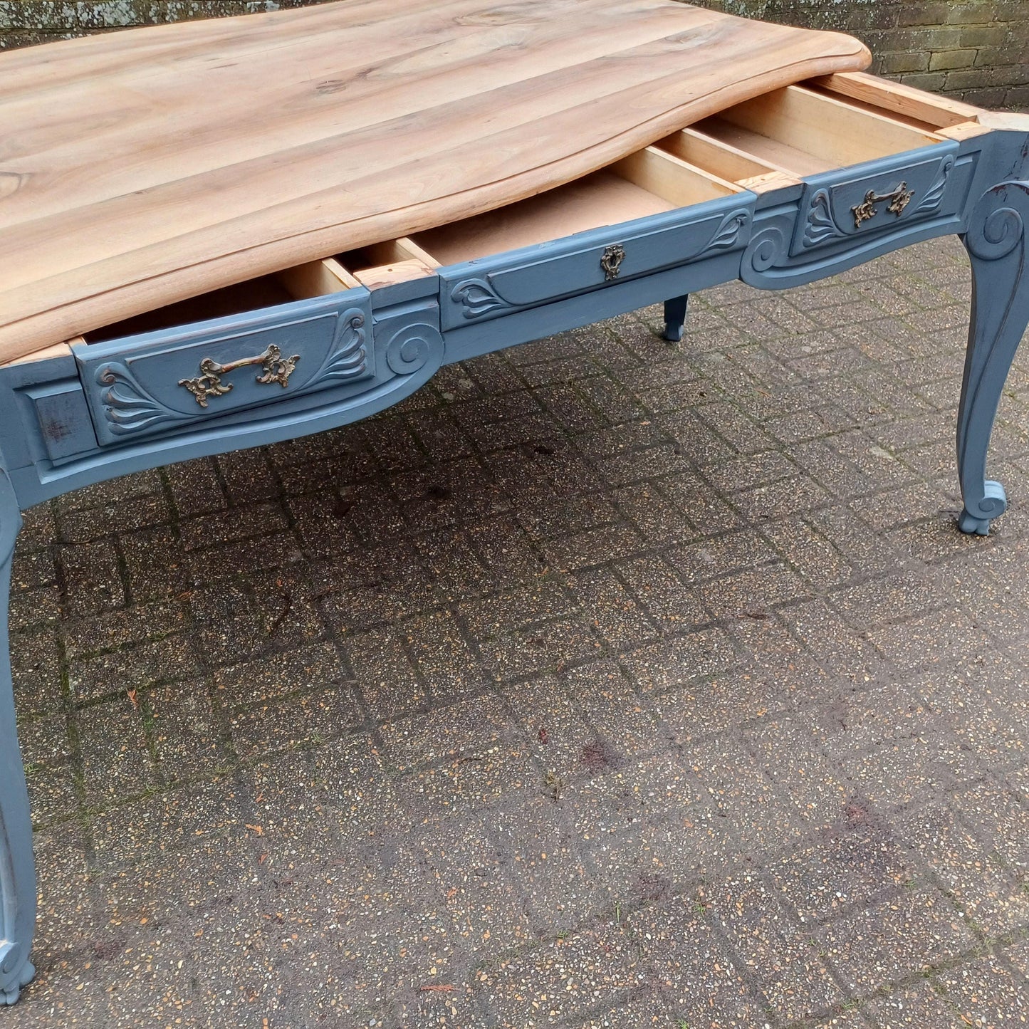 Huge 6ft French Dining Table or Desk. Beautifully Upcycled Painted Grey Base Stripped Wooden Top FREE HAND Delivery