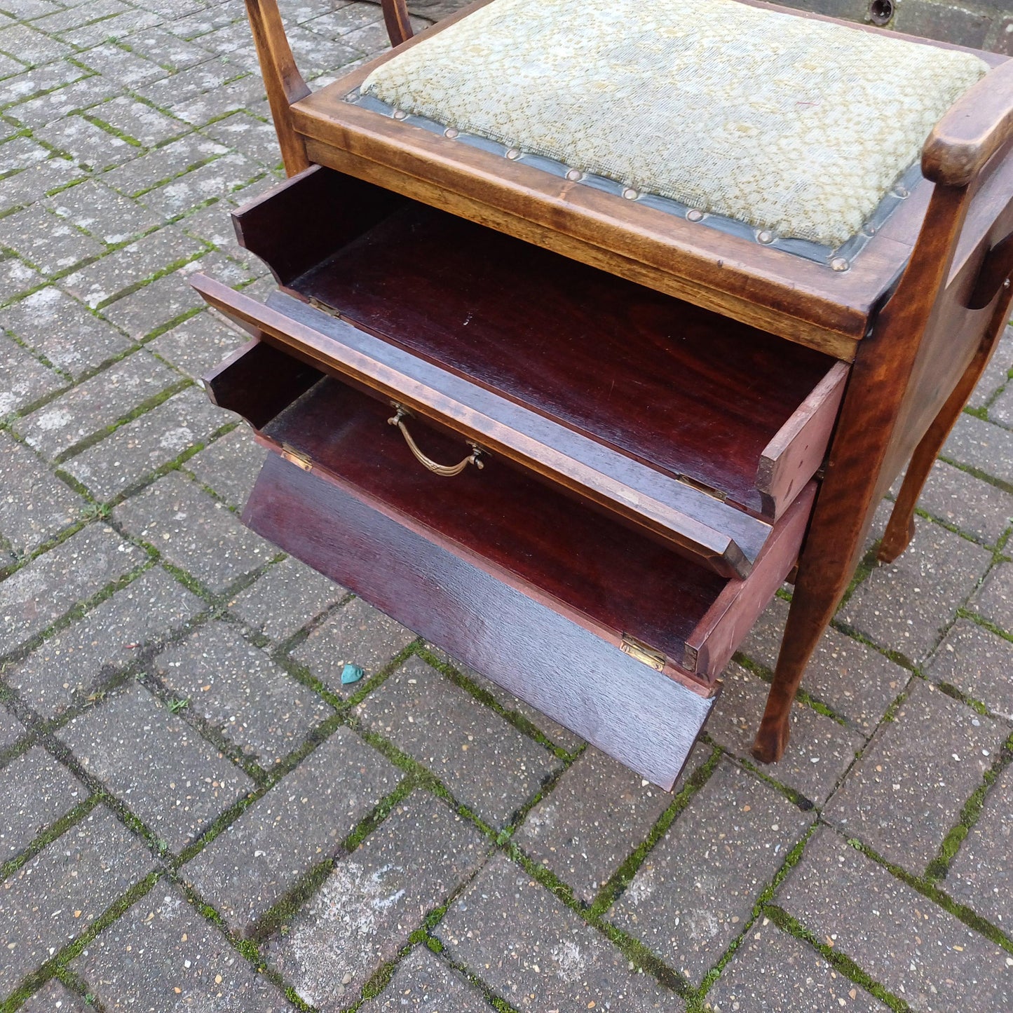 Antique Late Victorian Upholstered Mahogany Piano Stool with Drop Down Music Drawers and Ornate Brass Handles