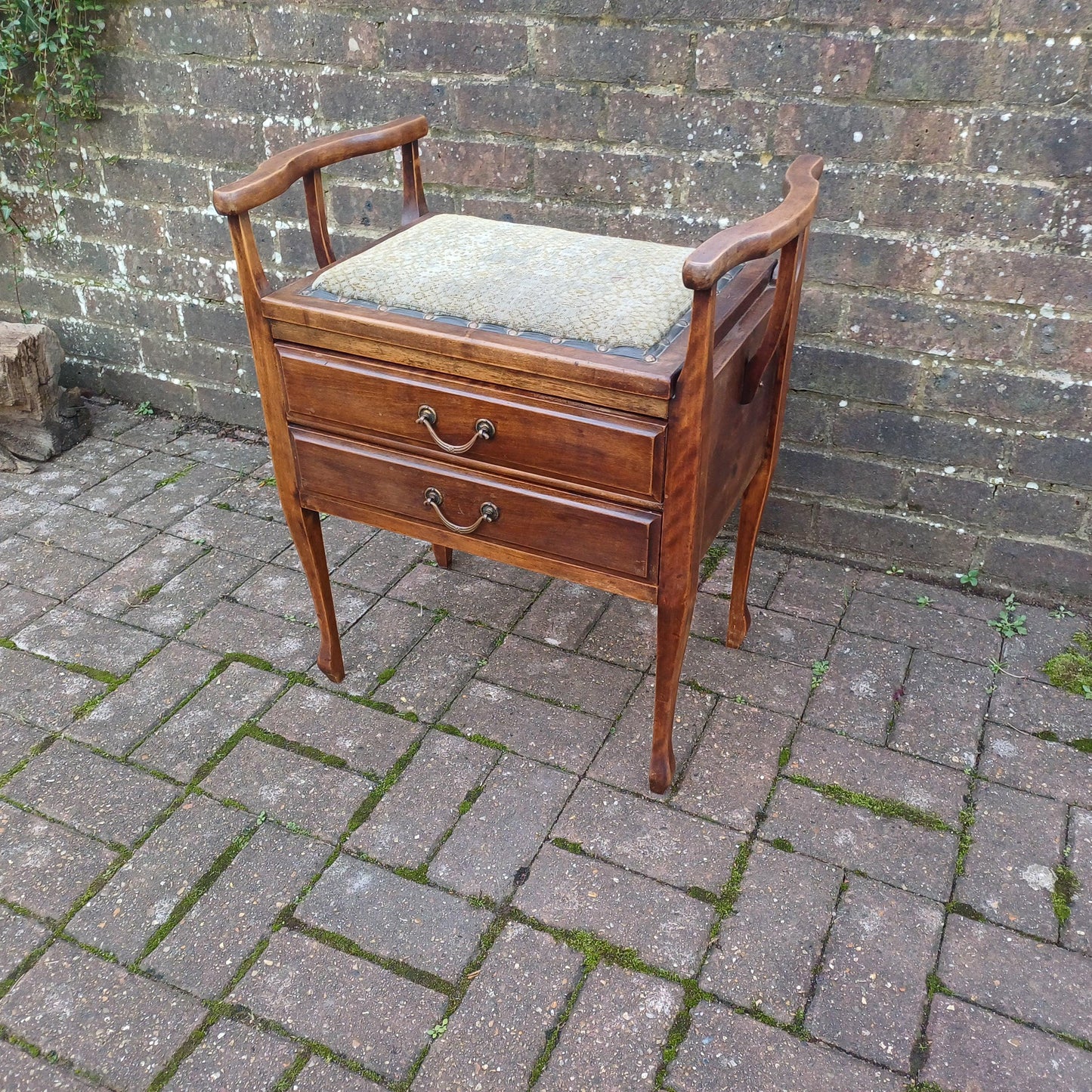 Antique Late Victorian Upholstered Mahogany Piano Stool with Drop Down Music Drawers and Ornate Brass Handles
