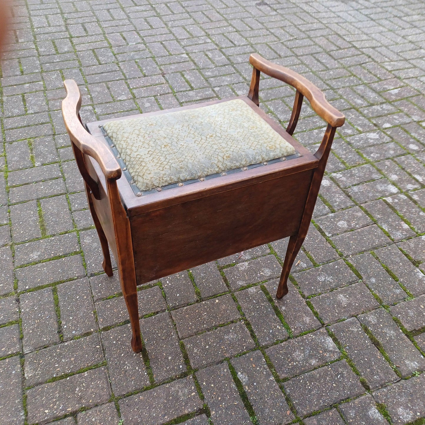 Antique Late Victorian Upholstered Mahogany Piano Stool with Drop Down Music Drawers and Ornate Brass Handles