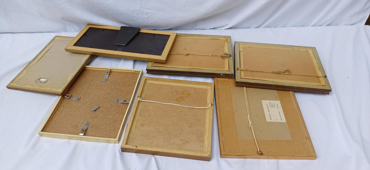 Collection of 7 Gold Vintage Pictures Prints Frames Framing Glazed with Boarded Backings Frame Photo Photograph Artist Upcycling Project.
