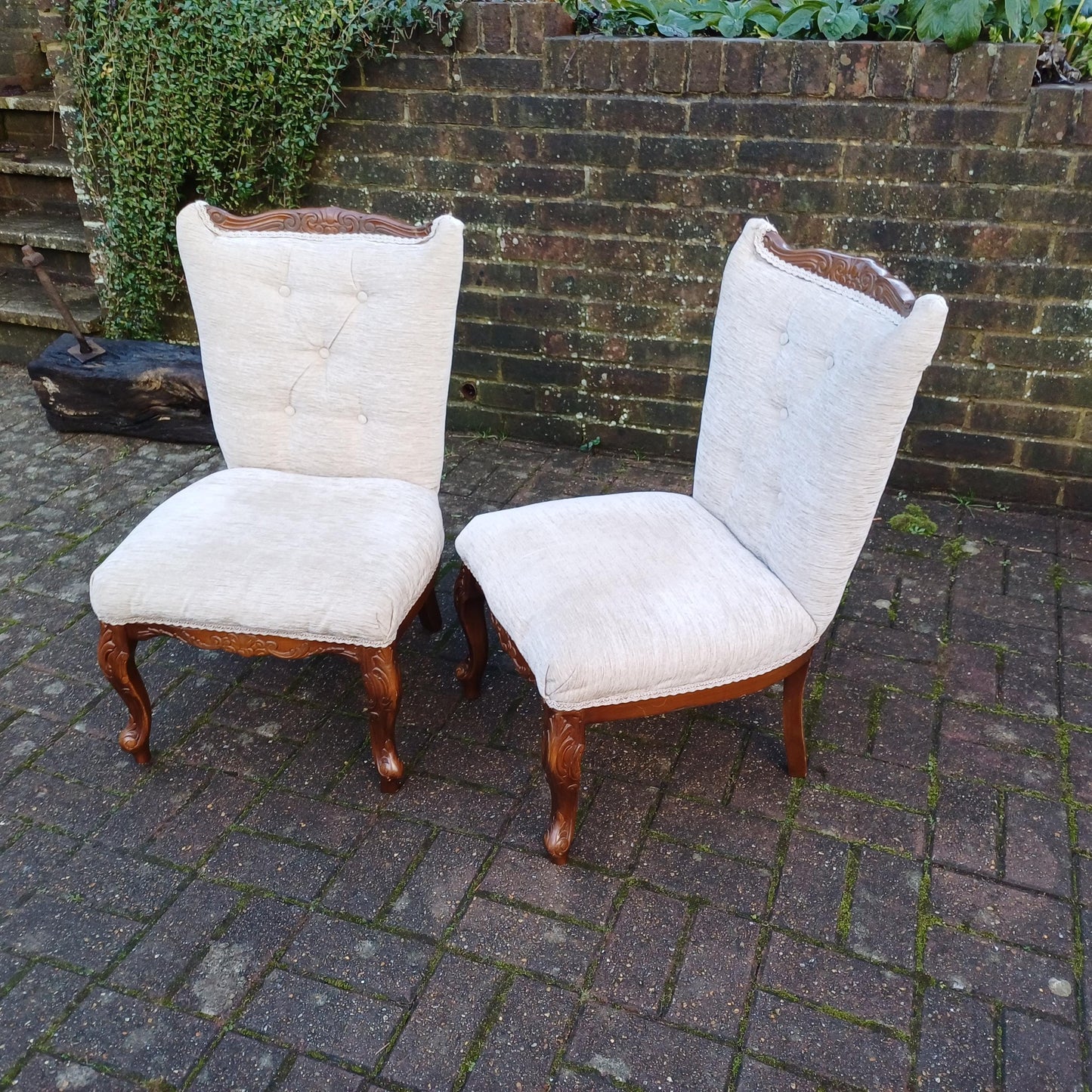 A Beautiful Pair of Vintage Newly Upholstered Occasional Nursing Chairs Carved Wooden Frames FREE HAND Delivery