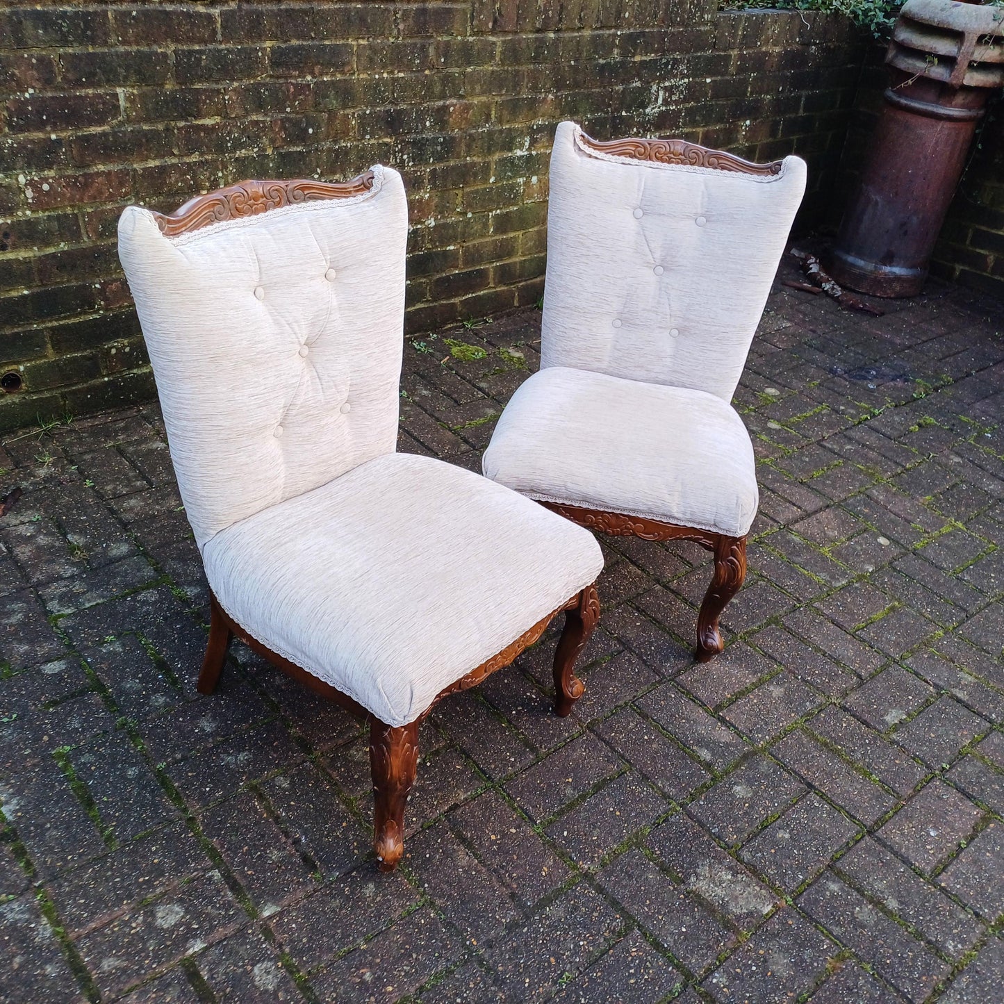 A Beautiful Pair of Vintage Newly Upholstered Occasional Nursing Chairs Carved Wooden Frames FREE HAND Delivery