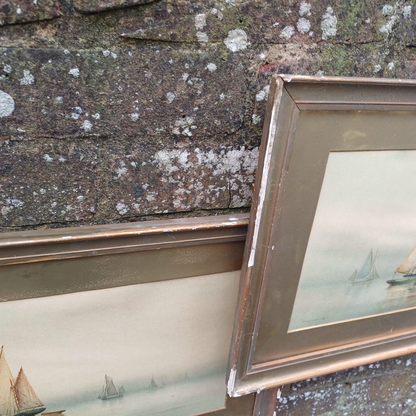 Garmin Morris Early 1900s Vintage Seascape Prints x 2 - in vintage frames and mounts - Dawn and Misty Evening