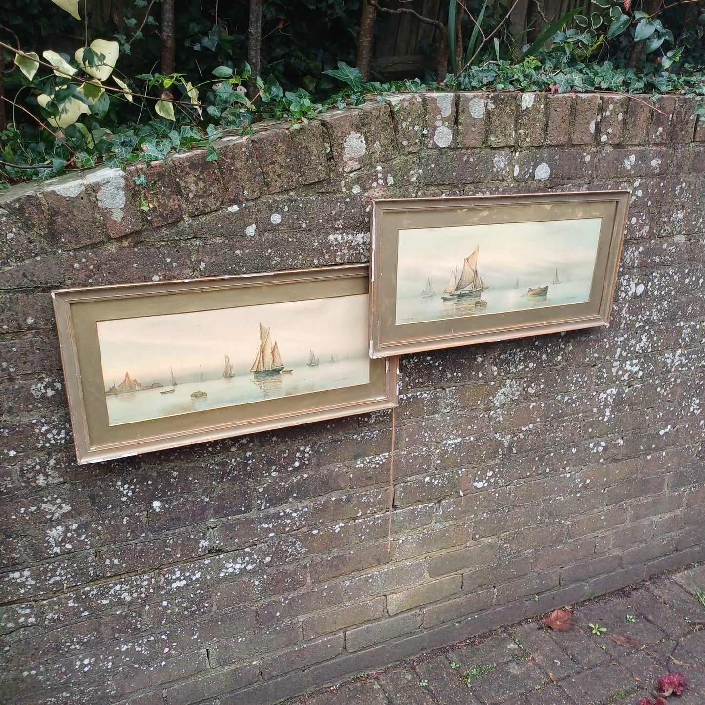 Garmin Morris Early 1900s Vintage Seascape Prints x 2 - in vintage frames and mounts - Dawn and Misty Evening