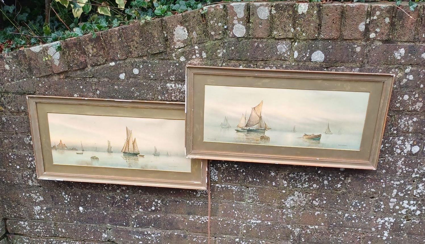 two vintage prints from 1900s of seascape sea scenes. By Garmin MOrris. Antique sea prints. Fishing boats in the sea. Dawn and Misty Evening