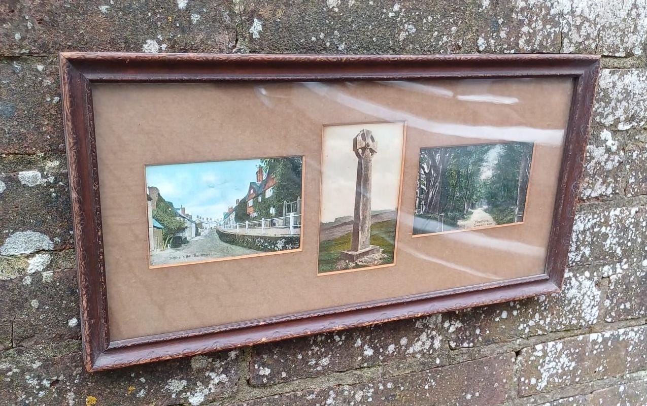 3vintage postcards of places around Haslemere Surrey. Gibbet cross, tennysons lane and stephens hill. in lovely vintage wooden frame with engraving