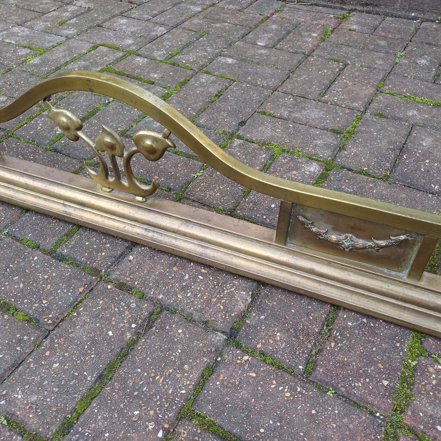 Large Vintage Brass Art Nouveau Fireplace Fender with Aged Gold Patina