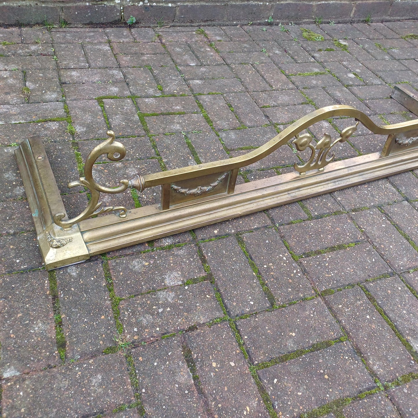 Large Vintage Brass Art Nouveau Fireplace Fender with Aged Gold Patina