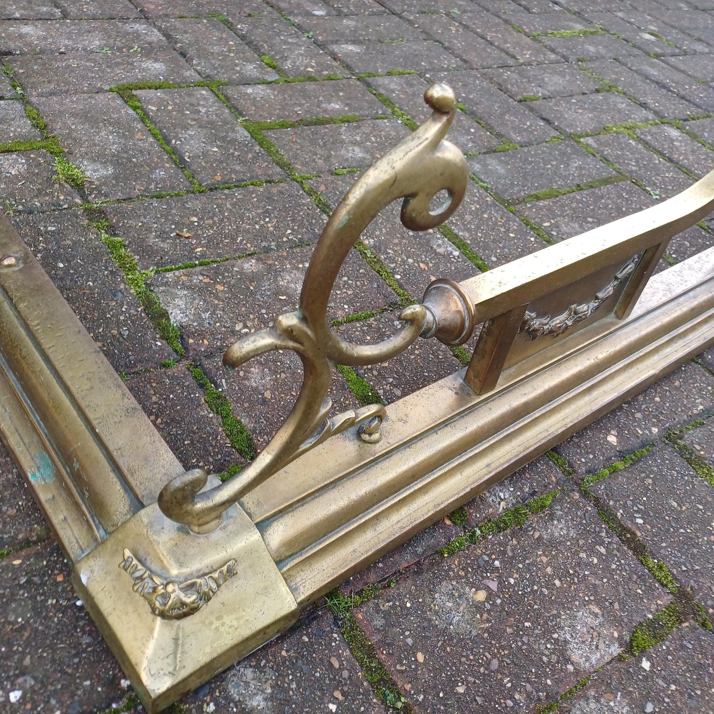 Large Vintage Brass Art Nouveau Fireplace Fender with Aged Gold Patina