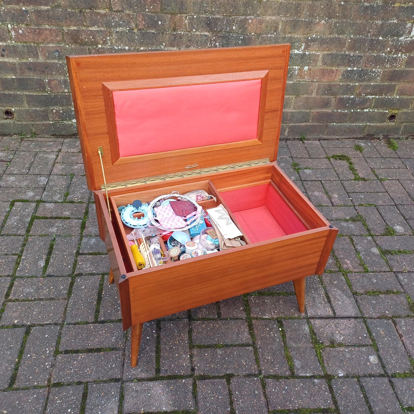 Large Retro Mid-Century Teak Workbox - 1960s Storage with Fitted Interior, Sliding Compartment Iconic Legs - Stylish & Versatile