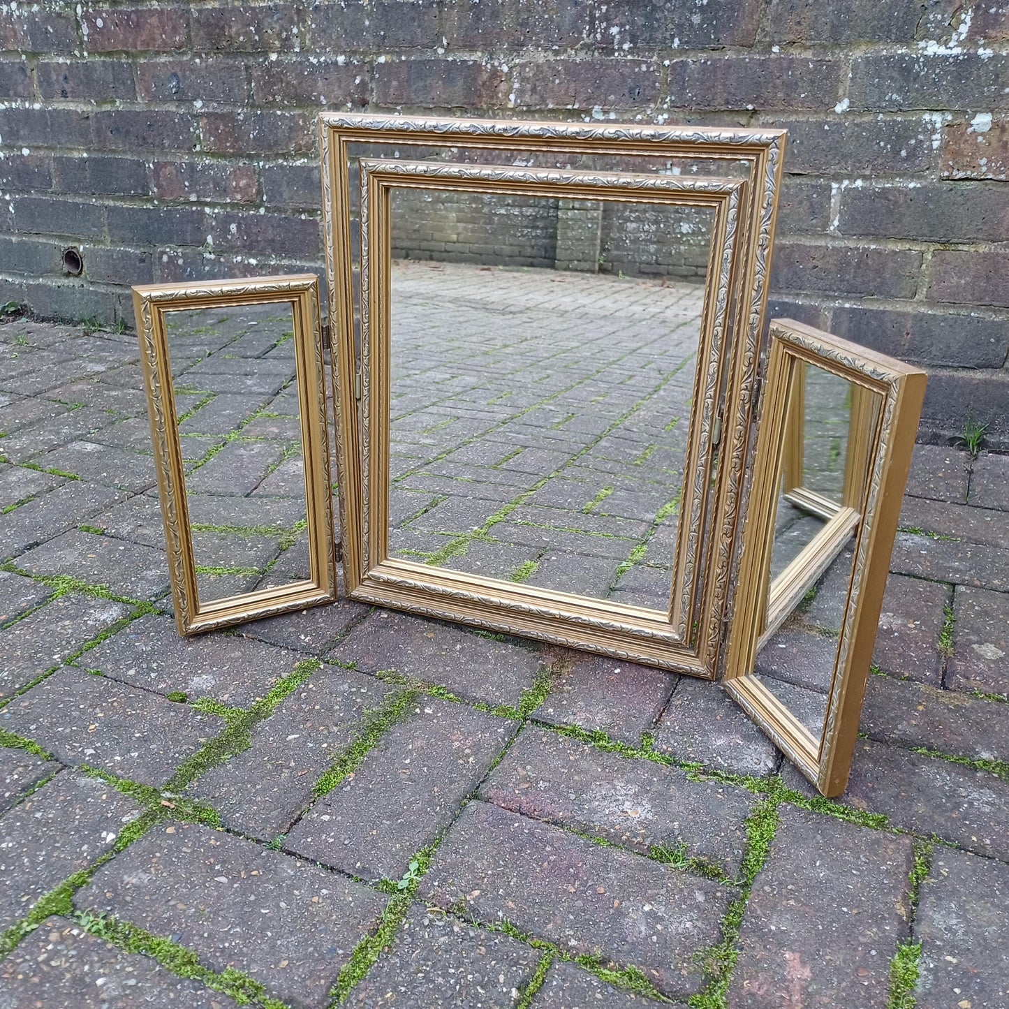 Classic Vintage Retro 70s Gold Gilt Triple Dressing Table Mirror Adjustable