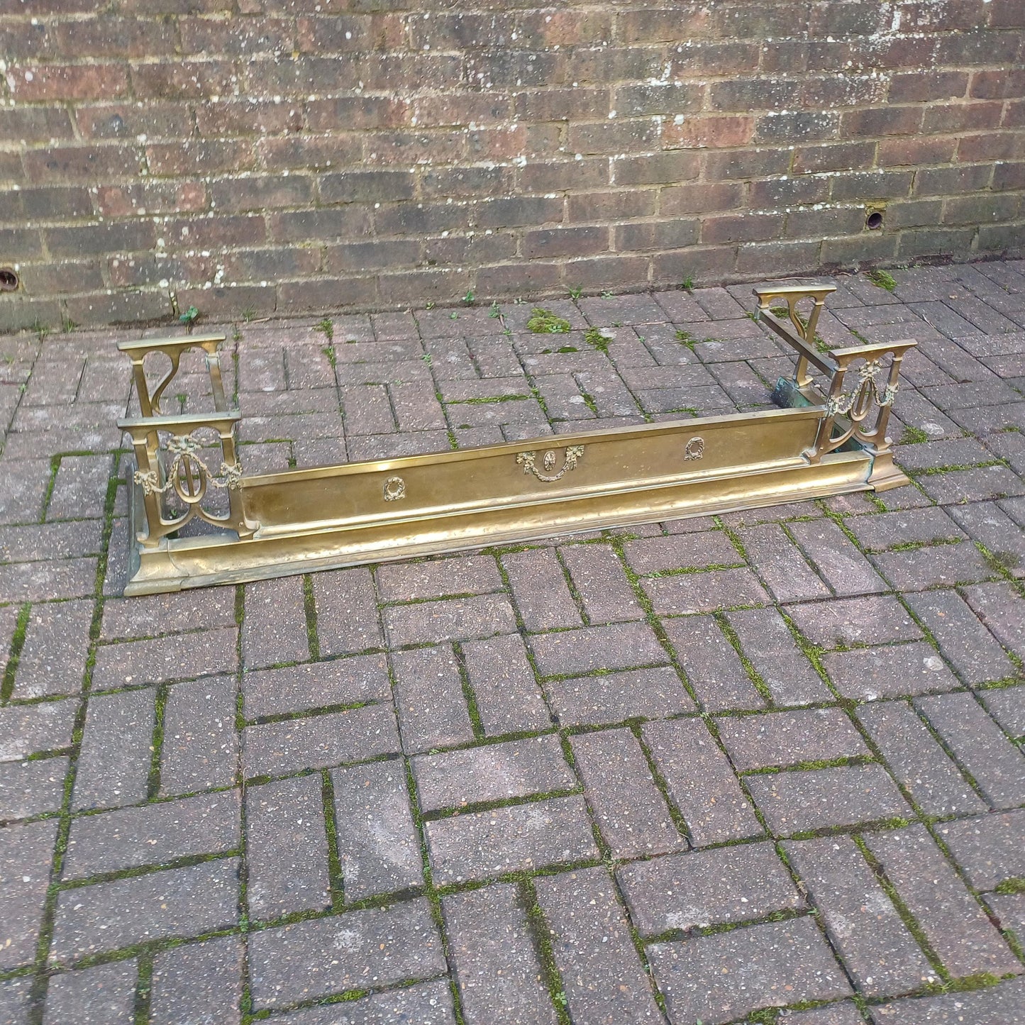 Large Vintage Brass Victorian Fireplace Fender with Aged Patina - Decorative Antique Hearth Piece