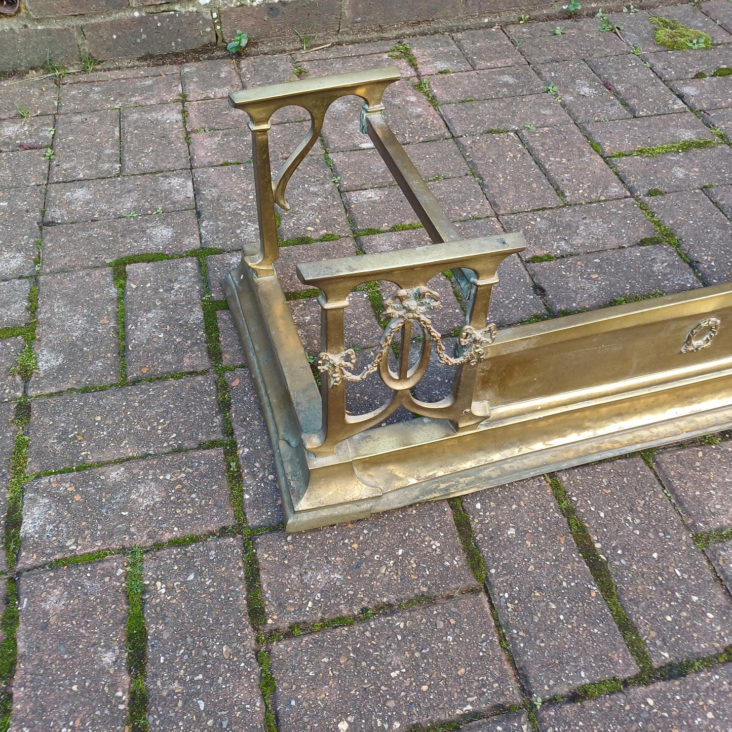 Large Vintage Brass Victorian Fireplace Fender with Aged Patina - Decorative Antique Hearth Piece
