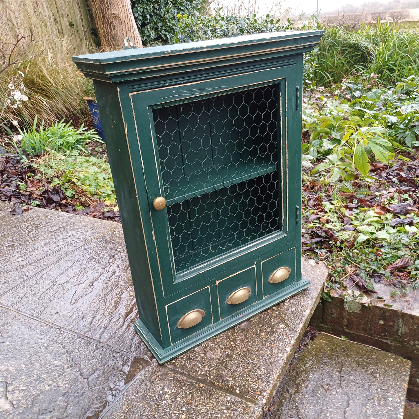 Vintage Solid Pine Painted Green Upcycled Wall Cupboard A Shabby Chic Chicken Wire Collectible!